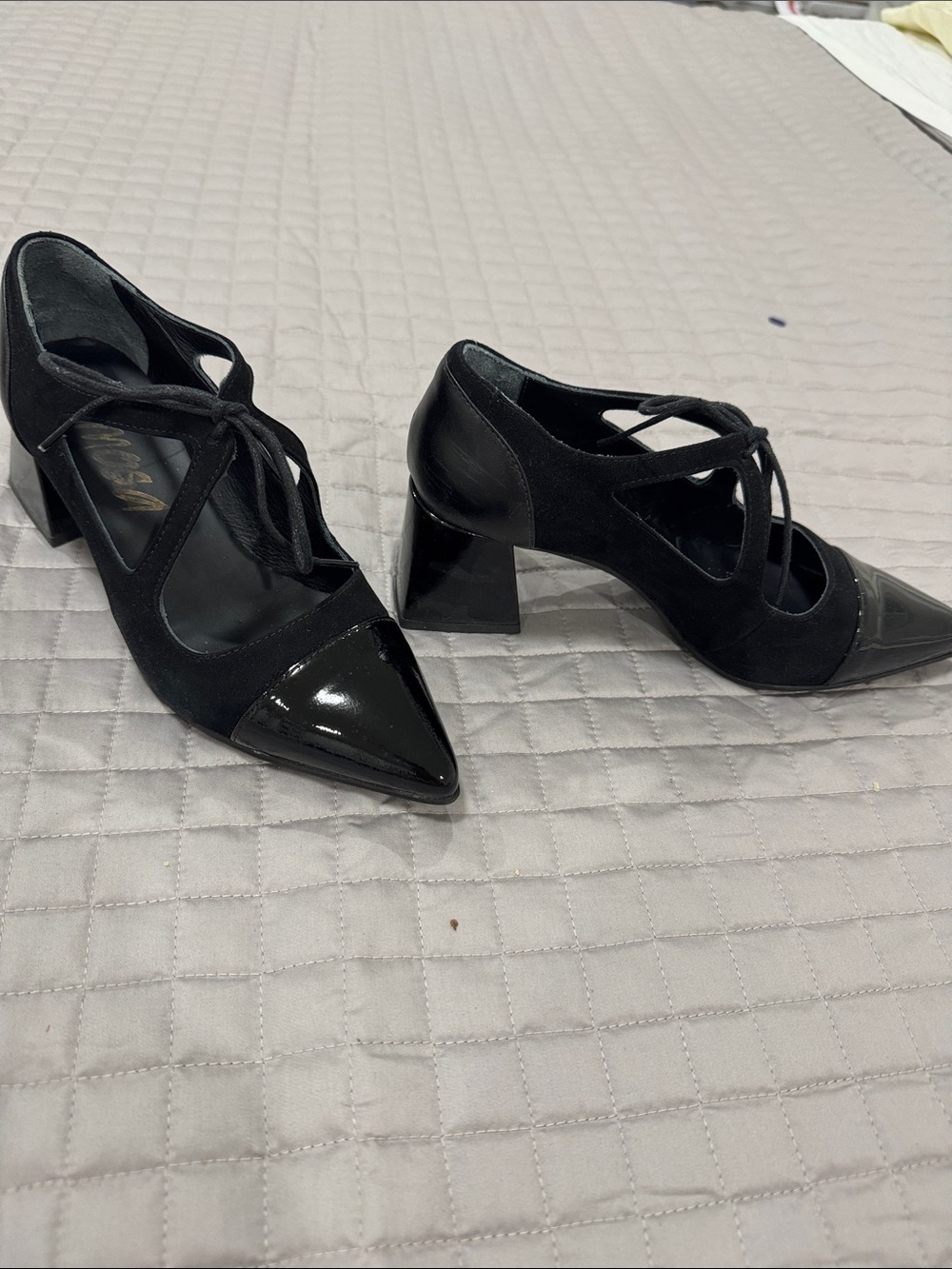 Mimosa Women's Pointed Toe Lace-Up Block Heel Pumps - patent leather and suede
